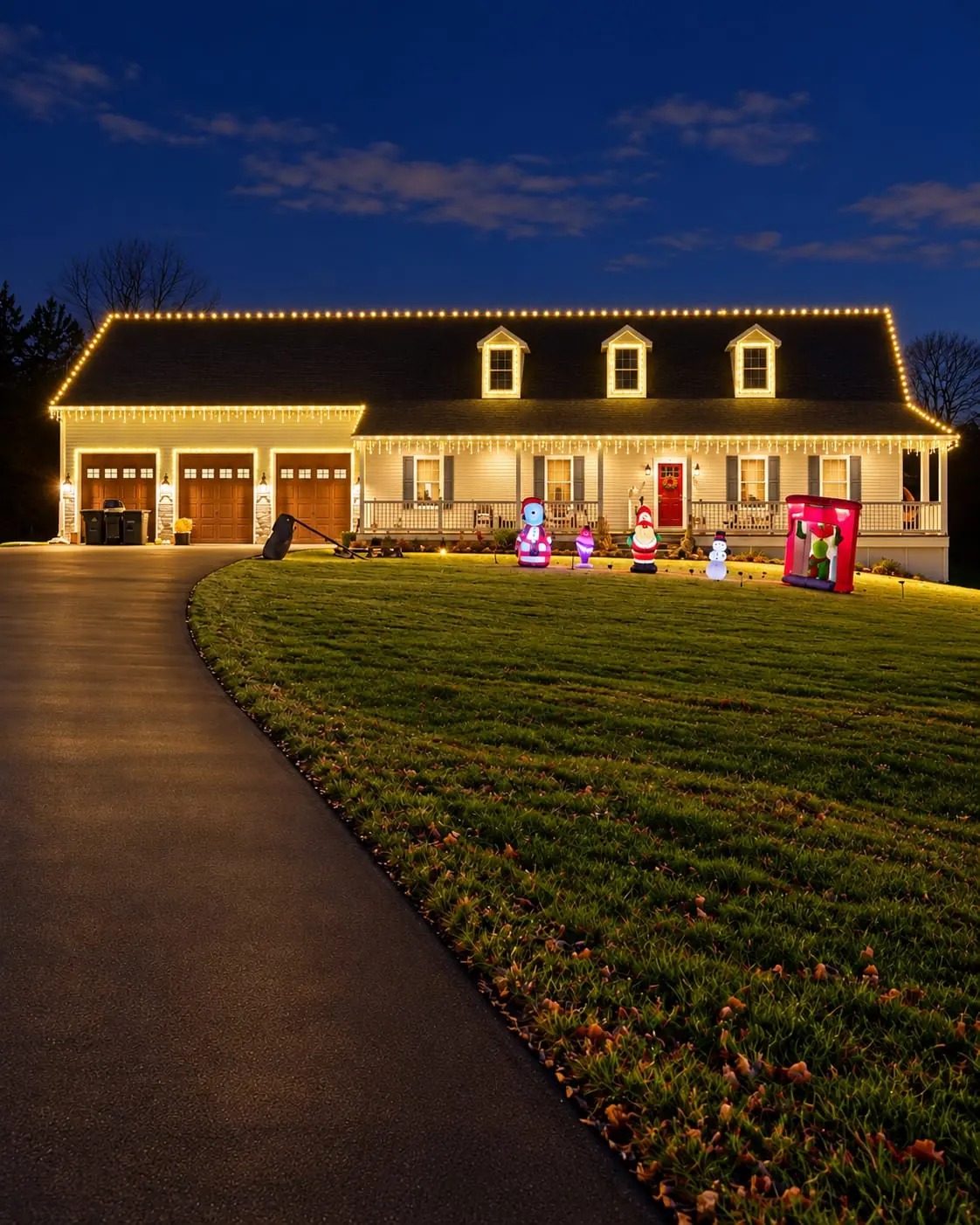 SZNS holiday lighting on a long Cape Cod-style home with a three-car garage, with warm-white lights along the roofline, dormers and front porch.