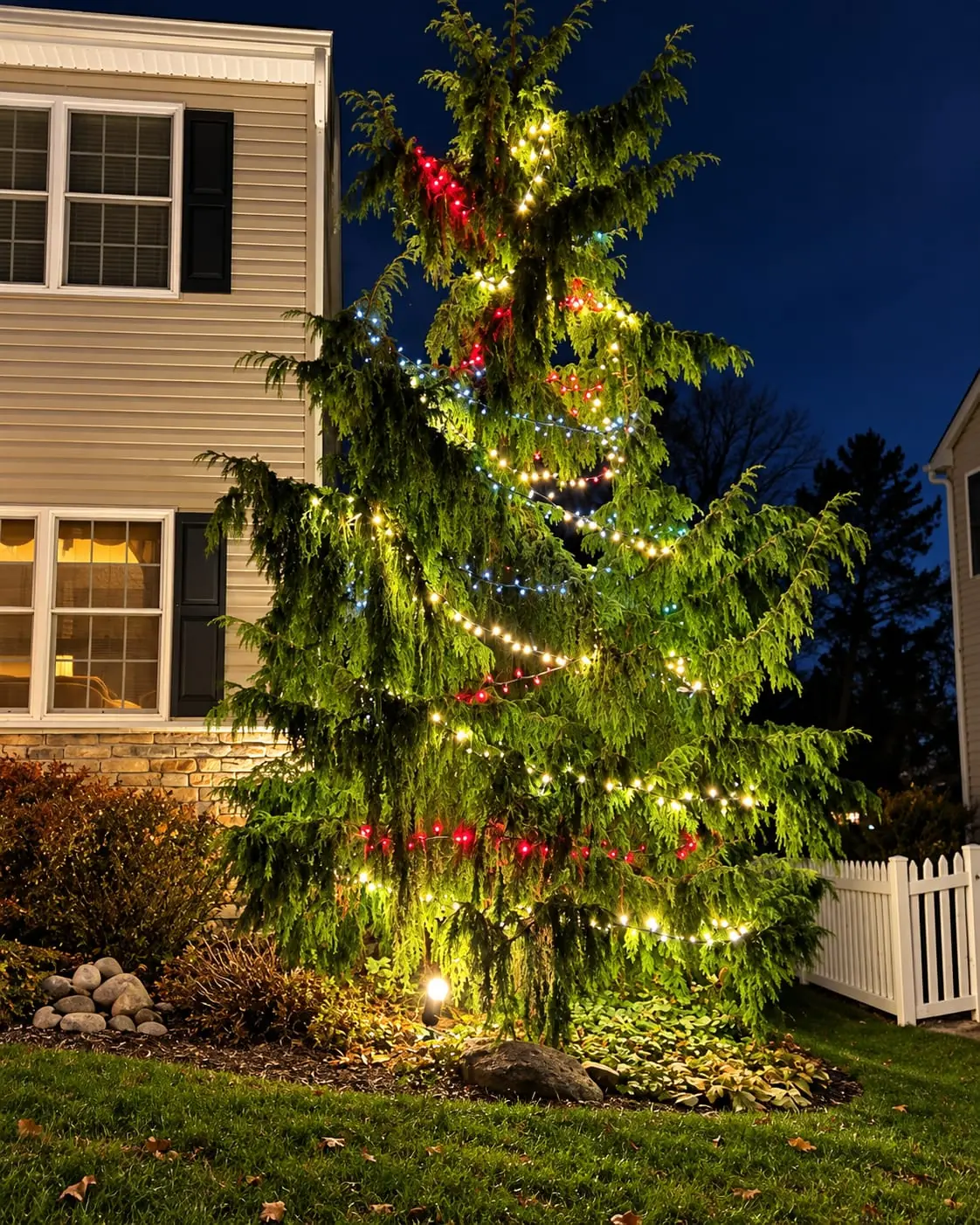 SZNS holiday lighting wrapped on an evergreen tree in Forks Township, PA.